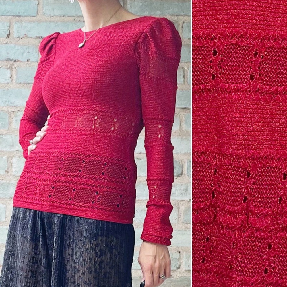 Ronny Kobo Sweater Red Lurex Pouf Sleeve Metallic Puff Open Back Top Intermix S